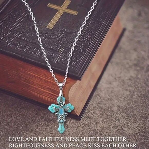Turquoise Howlite Stone Cross Pendant Necklace Womens Casual Religious Jewelry - Picture 6 of 6